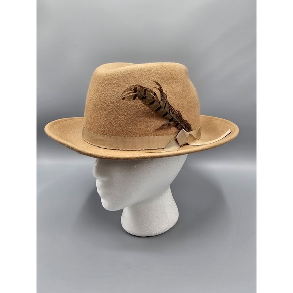 Vintage Lancaster 100% Wool Tan Brown Fedora Hat W/ Feather Accent Made In USA - Picture 1 of 13